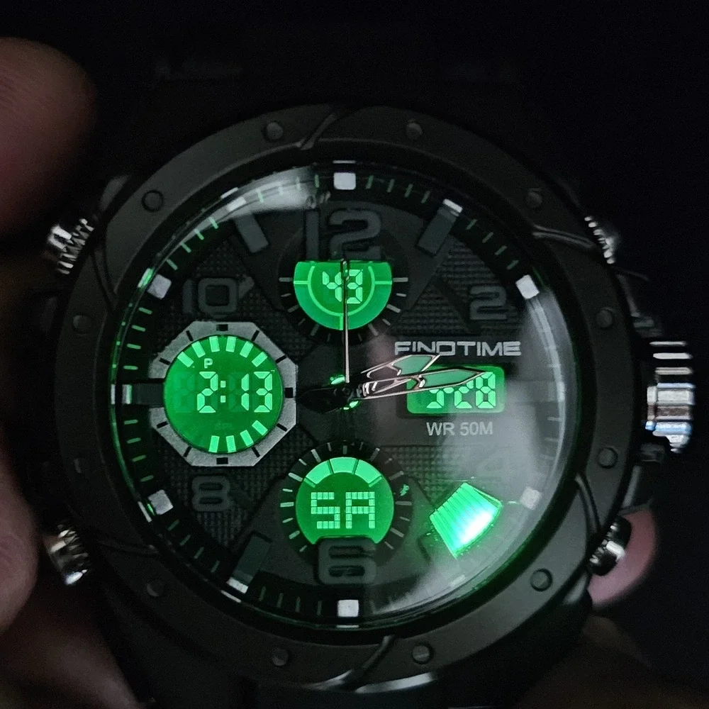 Findtime Men's Analog Digital Sports Watch 45MM Black Plastic Bands New Battery